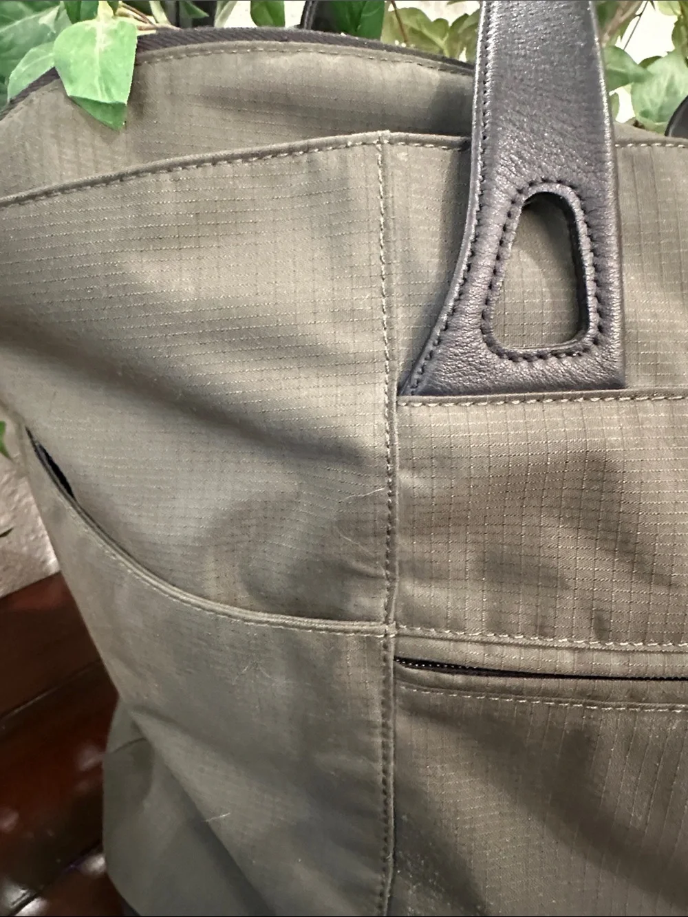 Tumi Olive Green Nylon Tote with Black Leather